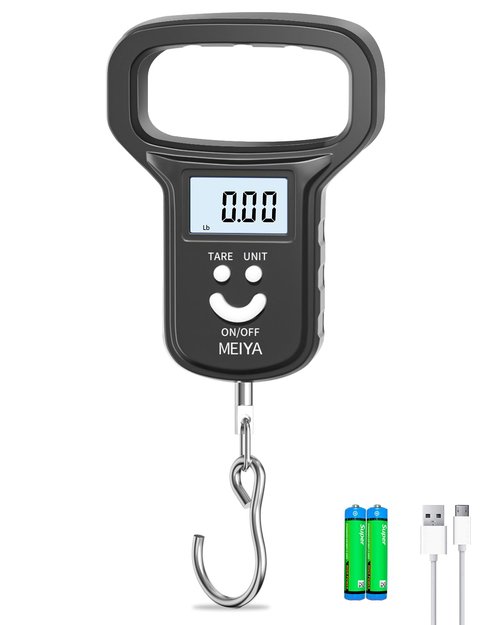 MEIYA Fish Scale/Fishing Scale: Dual Power (Battery/Rechargeable), Extra Wide Handle, Backlit LCD Display, Includes 2 AAA Batteries&USB-C Charging Cable, Fishing Gifts for Men (Black)