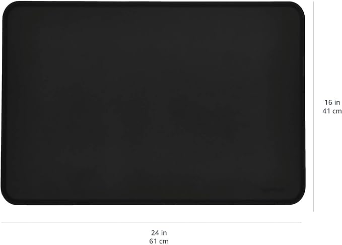 Amazon Basics Waterproof Anti-Slip Silicone Cat & Dog Food Mat, Pet Mats with Raised Edges for Food and Water Bowl to Protect Floors, 24 x 16 Inches, Black, Solid