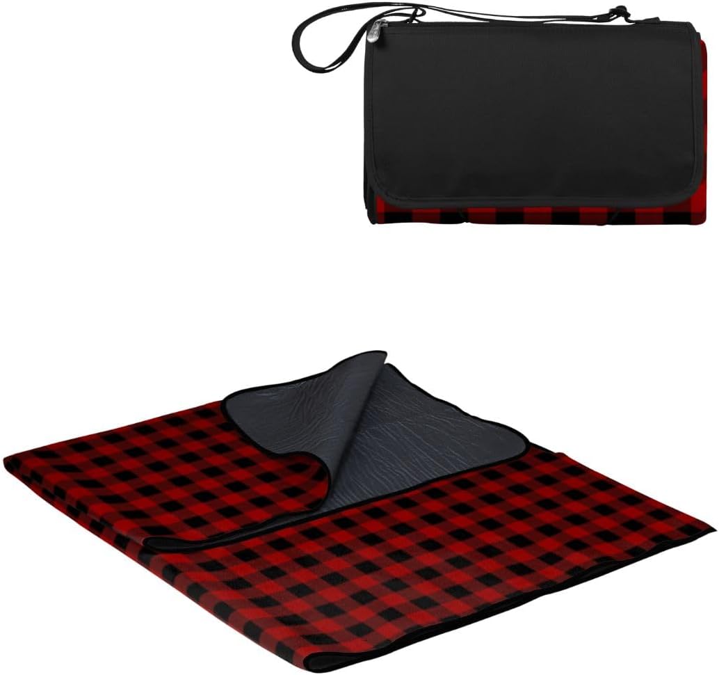 ONIVA by Picnic Time Outdoor Picnic Blanket Tote, 59"x51" Foldable Beach & Camping Blanket with Soft Fleece, Water-Resistant Bottom, Adjustable Strap & Zippered Pocket (Black Tartan, Black Flap)
