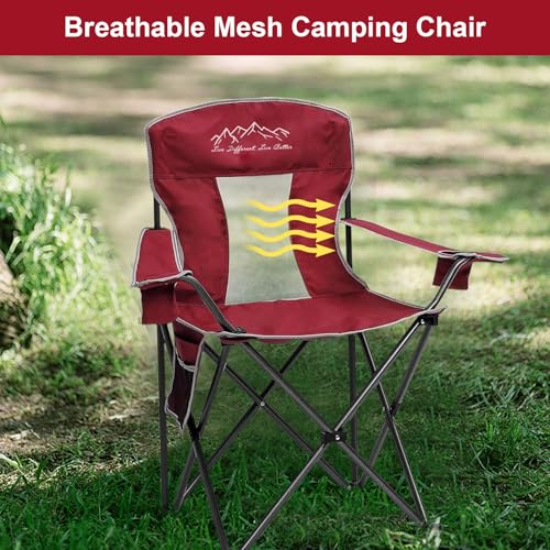 SAILARY 2PCS Collapsible Folding Camping Chairs Heavy Duty Lawn Foldable Chair with Cooler Bag, Storage Pocket, Waterproof Bag Outdoor Arm Sport Chair, Supports 325LBS, Red