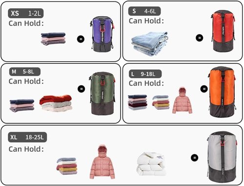 Ultra-light Compression Stuff Sack, 70D Nylon Sleeping Bag Stuff Sack 1L/5L/7L/17L/25L Compression Bag Space Saving Gear for Camping Hiking Backpacking (Purple 1~2L)