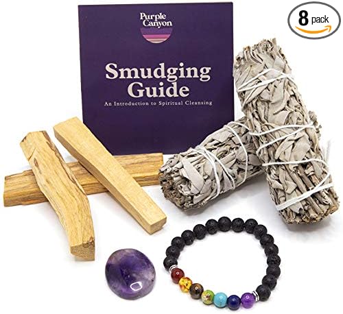 Palo Santo and Sage Smudge Kit | White Sage Smudge Sticks, Chakra Balancing Bracelet and Amethyst Stone | California Sage Incense Sticks for Home Cleansing, Spiritual Smudging Rituals and Meditation
