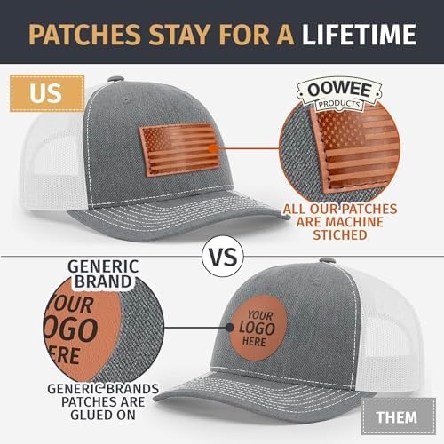 Leather Patch Hat for Men - Richardson 112 Trucker Hat w/Full-Grain Leather Patch, Laser-Engraved, Machine-Stitched