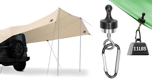 Magnetic Camping Hooks + Car Tailgate Awning, Large Tarp with Poles, Tent Hanging Hook Organizer for Canopy Magnet Clip Hanger with Carabiner