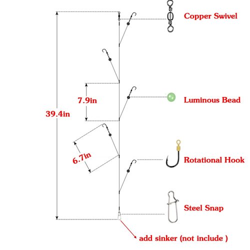 Fishing Hook with Leader,5 Hooks Fishing Rig-7 Strands Nylon Coated Fishing Leader with Swivle,Snap,Hooks
