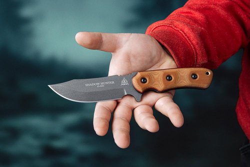Tops Knives Shadow Hunter Full Tang Fixed Blade- Coyote Tan Kydex Sheath w/Rotating Spring Steel (Tan Canvas/Black Canvas Micarta Handle)