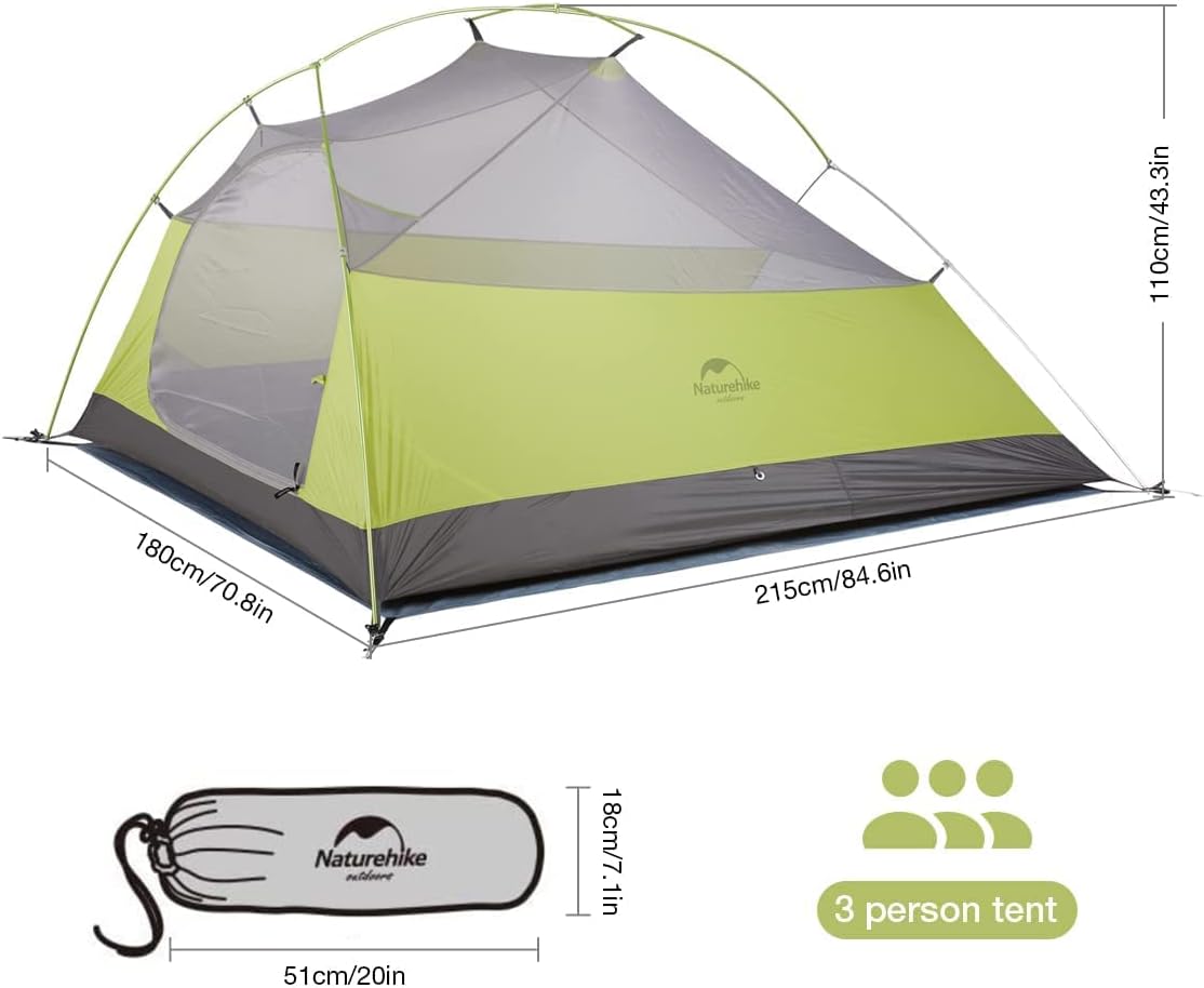 Naturehike Cloud-Up 3 Person Lightweight Backpacking Tent with Footprint - 3 Season Free Standing Dome Camping Hiking Waterproof Backpack Tents
