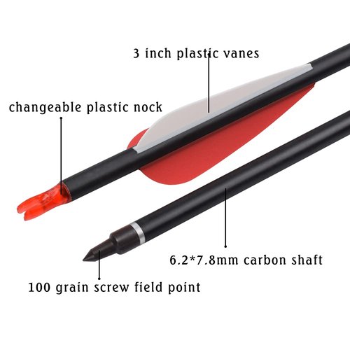 Archery Carbon Arrow Hunting Target Practice Arrows 26 Inch with Removable Tips for Compound & Recurve Bow 500 Spine 6PCS