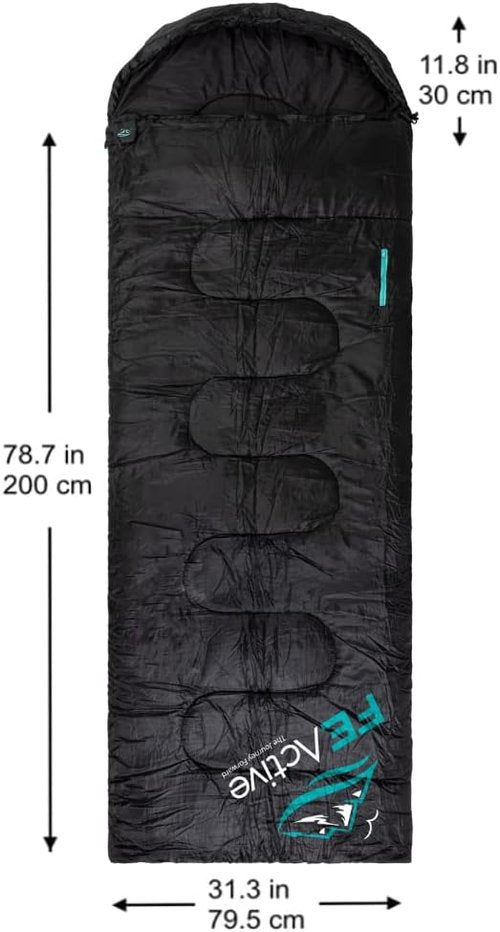 FE Active Camping Sleeping Bag - 3-4 Seasons Extra Long or Lightweight Hooded, Warm Outdoor Compact & Lightweight Sleeping Bag for Camping, Backpacking, Hiking, Travel | Designed in California, USA
