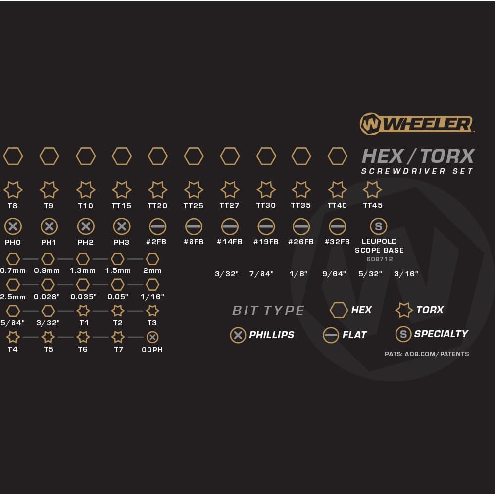 Wheeler 30 Piece SAE/Metric Hex and Torx P-Handle Set for Pistol Rifle Handgun Gunsmithing Rebuild and Maintenance, Black, Yellow, Gray