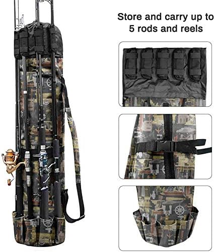 Allnice Durable Canvas Fishing Rod & Reel Organizer Bag Travel Carry Case Bag- Holds 5 Poles & Tackle