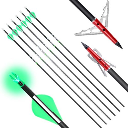 DEEPOWER 31 inch Hunting Arrows 100% Carbon Arrows 6 Pack with Mechanical Broadhead Nocks for Compound Bow and Recurve Bow(Spine 350)