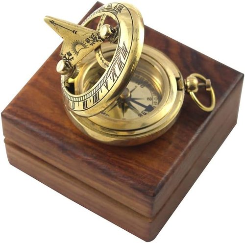 Marine Sundial Compass with Antique Nautical Solid Pocket Compass in Box Vintage Polish with Brass Finish Navigate Device Collection