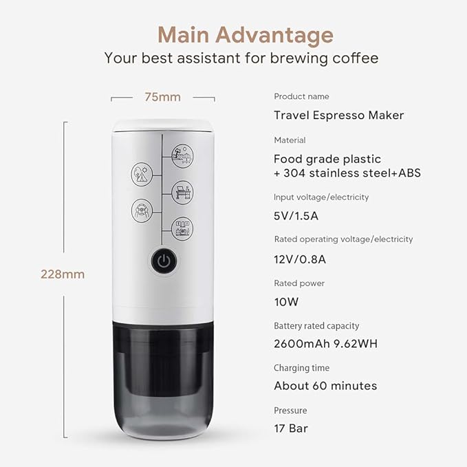 BENFUCHEN 3-in-1 Portable Espresso Machine With NO Heating Function, Type-C Charging Electric Espresso Maker, 17 Bar Mini Coffee Maker For NESPRESSO/DolceGusto pods & Ground Coffee On the Go, White