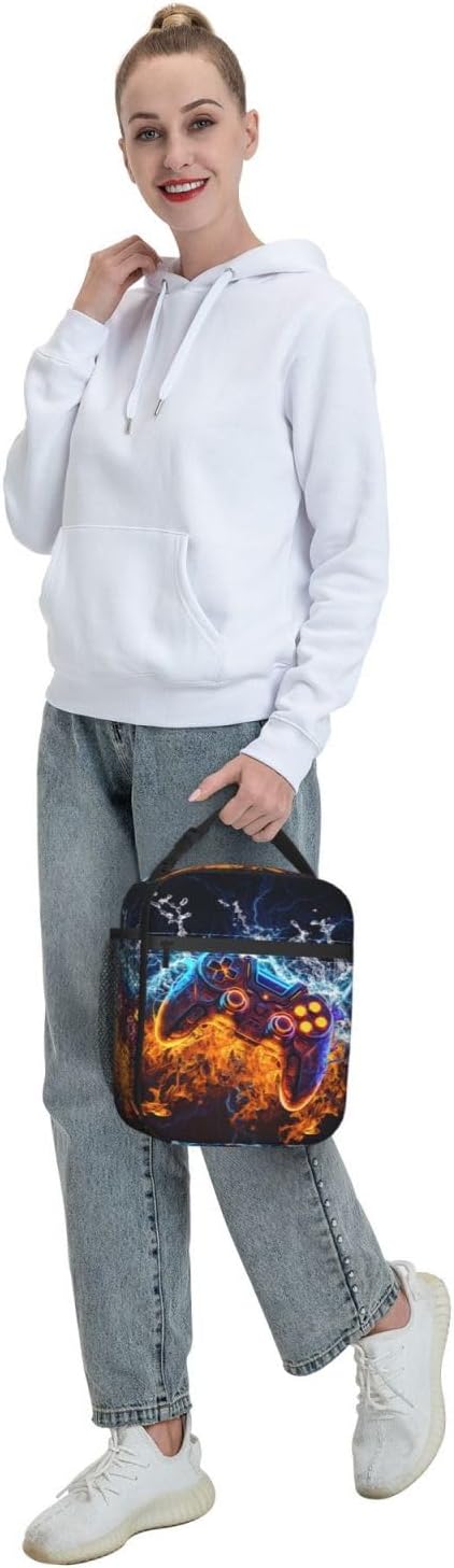Video Game Controller Insulated Lunch Bag, Gaming Gadgets Lunch Box for Kids, Portable Reusable Zipper Fire and Water Game Lunch Box for Men Women School Work Travel