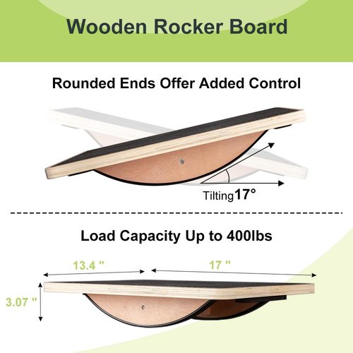 StrongPal Wooden Rocker Balance Board, 17" x 13.4", Dual-Direction Wobble with 17° Tilt, Non-Slip Core & Stability Trainer for Adults, Seniors, Rehab & Office – Supports 400 lbs, Ideal for Home & Gym