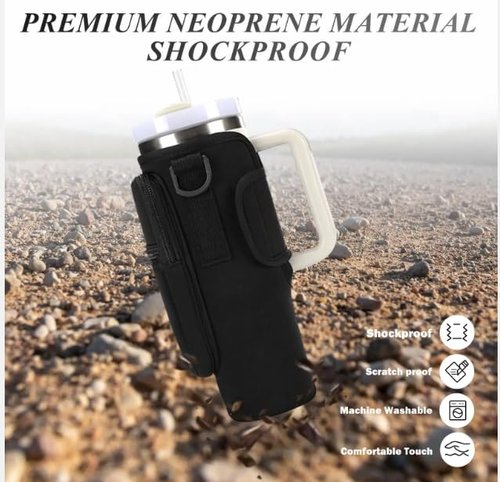 Copahue Water Bottle Carrier Bag with Phone Pocket for Stanley 40/30 oz Tumbler Neoprene Water Bottle Holder Pouch with Adjustable Strap (Black)