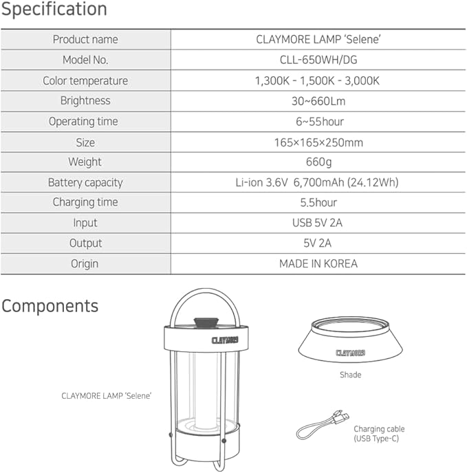 CLAYMORE Selene Lamp (White) - Aesthetic Portable Outdoor Lantern for Glamping, Camping, Events, Parties & Tents. USB-C Charging, Power Bank Function, Up to 55 Hours Battery Life, 3 Light Modes.