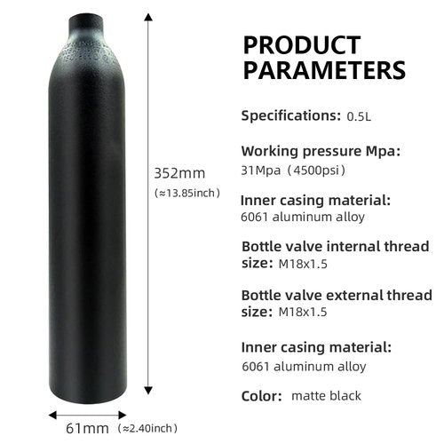 Wazusogok 0.5L PCP Air Tank, 4500 PSI High Pressure Paintball Tank, Air Bottle Made of Aluminum Explosion Proof, M18 by 1.5 Thread for PCP Airsoft Gun and Scuba Diving（Empty Bottle）
