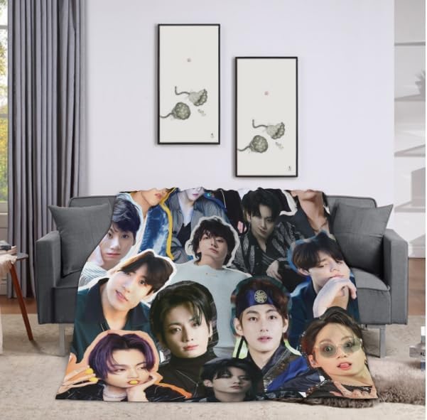 Jungkook Blanket Jeon Jung Kook Soft and Comfortable Warm Fleece Throw Full Picture of Idol Group Blankets 50"X60" Beach Blankets Gift for Dorm Room Decor Sofa Bed Camping Travel