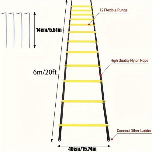 Agility Ladder Speed Training Equipment Set 20ft Agility Ladder, 4 Steel Stakes，12 Soccer Cones, Running Parachute and Carry Bag, Speed Training Equipment for Soccer Football Basketball (Red)