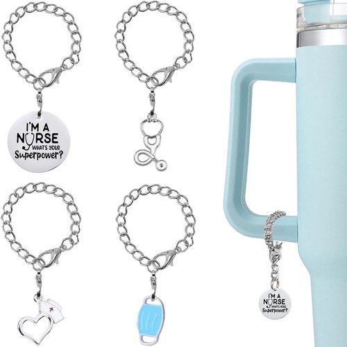 Silver Charms for Stanley Cup, Nurse Theme Accessories for Stanley Cup 40 oz 30 oz, Cute nursery nursing themed Tumbler Charms, 4 Pack Blue Heart Doctor Water Cup Pendant for nurses personalized Chain