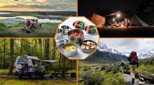 LONER OUTDOORS Camping Cookware Set 8-Piece Stainless Steel Backpacking and Camping Cooking Mess Kit - Lightweight and Durable Cook Set for Hiking, Outdoor Adventures, and Picnics