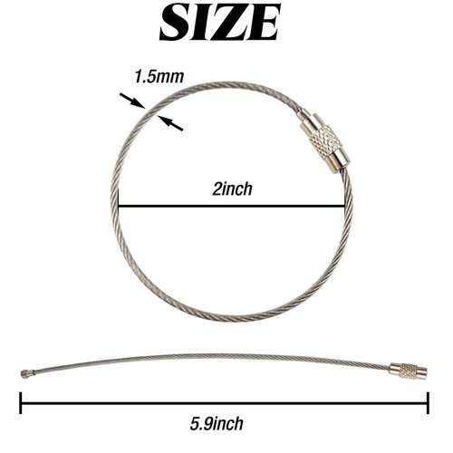 ROYHOO 50PCS Stainless Steel Wire Keychains Cable, Key Rings, Heavy Duty Luggage Tags Loops Tag Keepers 1.5mm Twist Barrel (Cable Length: 5.9 inches)