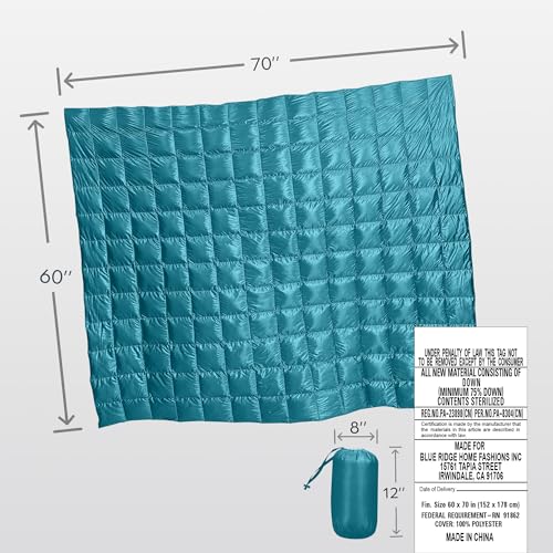 Blue Ridge Home Fashions Down Throw Camping Blanket - Packable Lightweight Down Throw Blanket for Outdoor Travel Hiking Picnic RV, Puffy Warm Blanket 60" x 70" with Carry Bag, 650 Fill Power