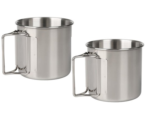 Wsaikis Camping Cups with Folding Handles, Camping Mugs Set of 2,Camping Coffee Mugs, Stainless Steel Camping Mugs,Portable 12oz Camping Cup for Outdoor Picnic Hiking Backpacking (Silver)
