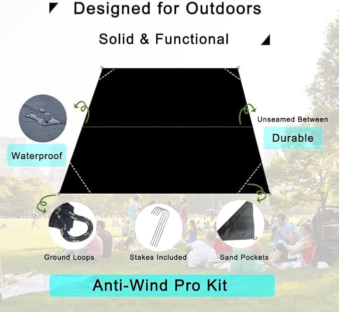 Outdoor Pocket Blanket, 55"x39" Packable Compact Lightweight Small Picnic Blanket, Water Resistant Fast Dry Ground Cover for Beach Concert Festival Camping Hiking, Stakes Included (Black)