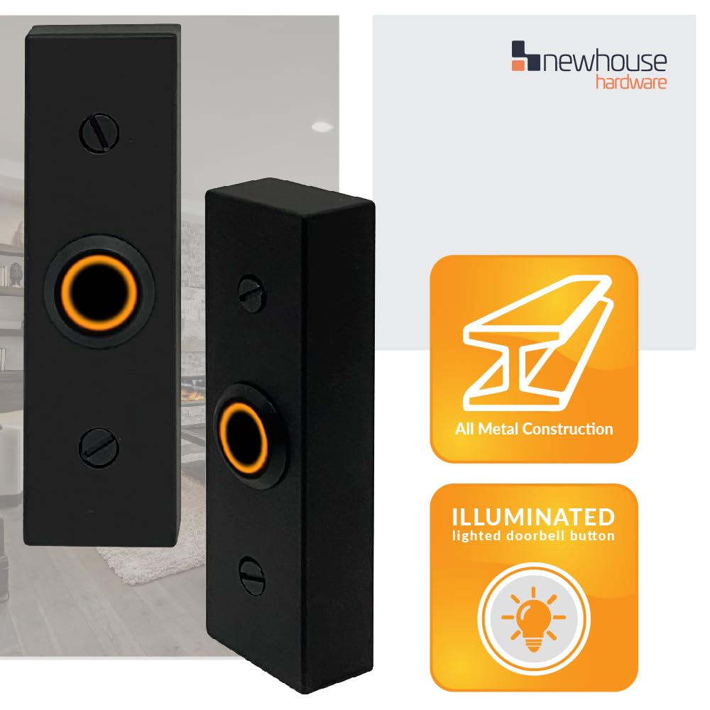 Newhouse Hardware Rectangular Lighted Wired Metal Doorbell Button in Black BT6BL, for Doorbell Chime, Buzzer, or Ringer, Door Bell Button Only, Buzzer Button with LED Button Light