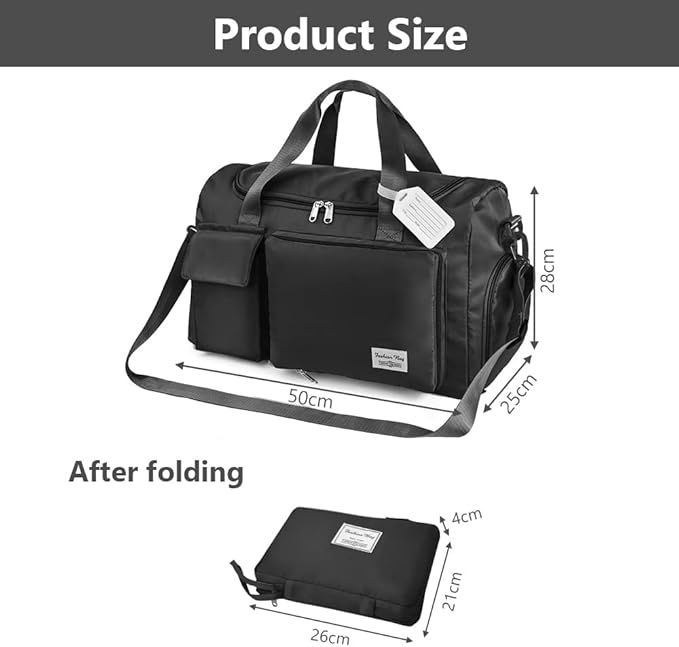 Travel Duffel Bag, Foldable Gym Bag with Luggage Tag, Large Capacity Weekend Overnight Bags with Wet and Dry Separation Bag, Waterproof Sports Tote Bag, for Travel, Sports, Gym (Black)