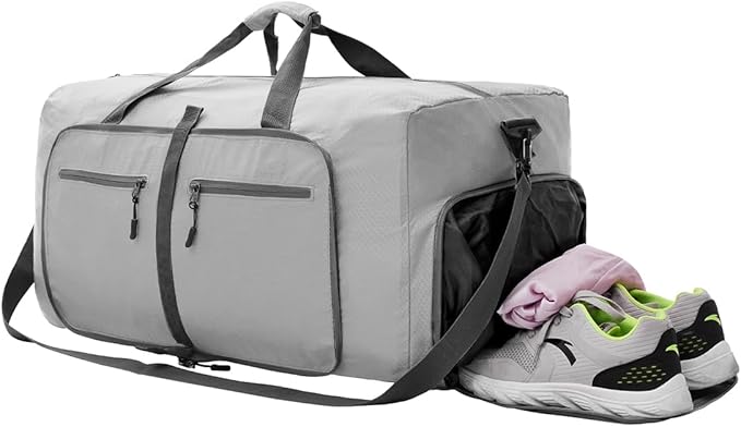 Dimayar Travel Duffle Bag for Men Women - Foldable Duffel Bag with Shoes Compartment - Overnight Bags Waterproof & Tear Resistant(40L,Space Gray)