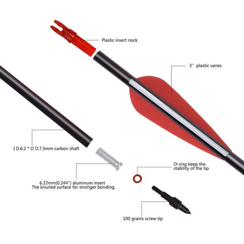 Archery Carbon Arrow Hunting Target Practice Arrows 26 Inch with Removable Tips for Compound & Recurve Bow 500 Spine 6PCS