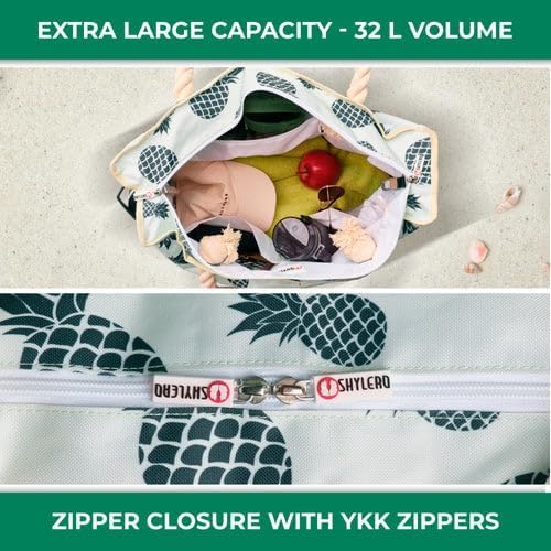 SHYLERO Beach Bag and Pool Bag. Has Airtight Pouch, Ton of Pockets. Beach Tote is Zippered, Water Resistant. Family Size