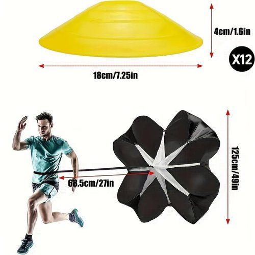 Agility Ladder Speed Training Equipment Set 20ft Agility Ladder, 4 Steel Stakes，12 Soccer Cones, Running Parachute and Carry Bag, Speed Training Equipment for Soccer Football Basketball (Red)
