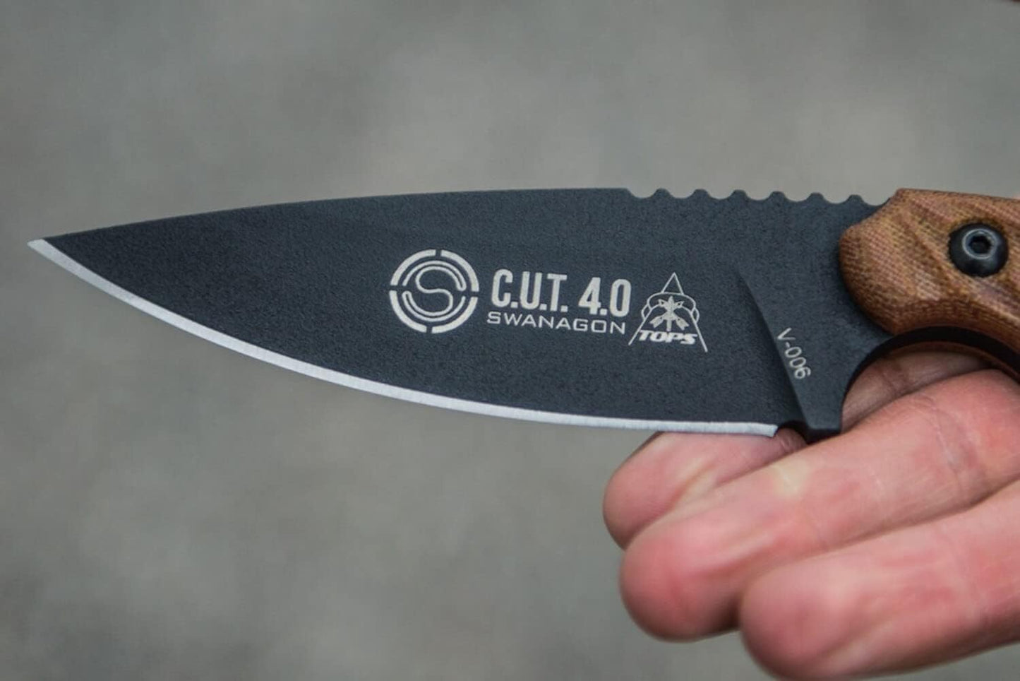 Tops Knives Cut 4.0 Full Tang Fixed Blade-Black Traction Coating Blade Finish-Black Kydex Sheath w/Beta Loop (Tan Canvas Micarta Handle)