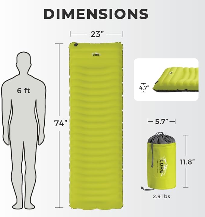 CORE Sleeping Pad for Camping | Perfect Ultralight Sleeping Mat for Tents & Camping Gear | Lightweight & Inflatable Blow Up Mattress for Travel, Hiking & Outdoor Use
