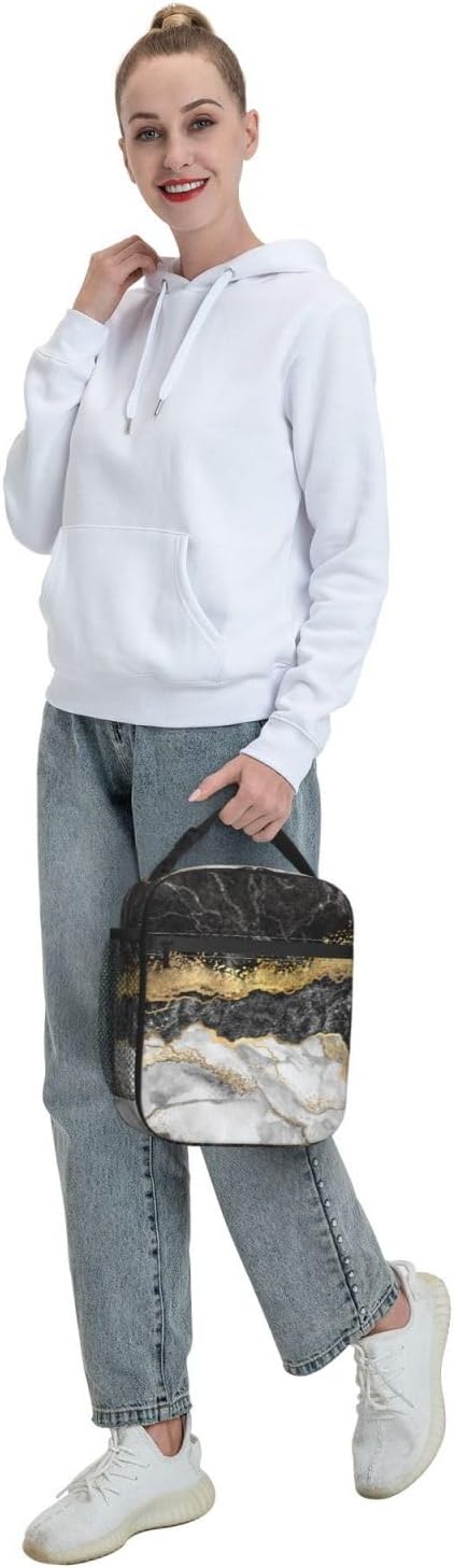 Black Grey Gold Marble Insulated Lunch Bag Reusable Cooler Lunch Box Portable Leakproof Thermal Container Tote Bags for Girls Boys School Travel