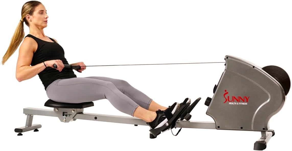 Sunny Health & Fitness Rower w/Long Slide Rail, Cardio Rowing Equipment for Home Gym Training w/LCD Monitor & Device Holder, Optional Free SunnyFit App Bluetooth Connection