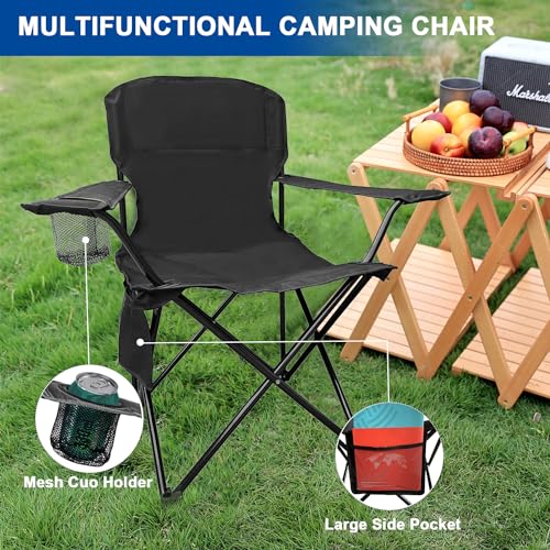 SAILARY 2PCS Folding Camping Collapsible Chairs Heavy Duty Lawn Chair with Cooler Bag, Storage Pocket, Waterproof Bag Outdoor Arm Chair, Supports 225LBS, Black