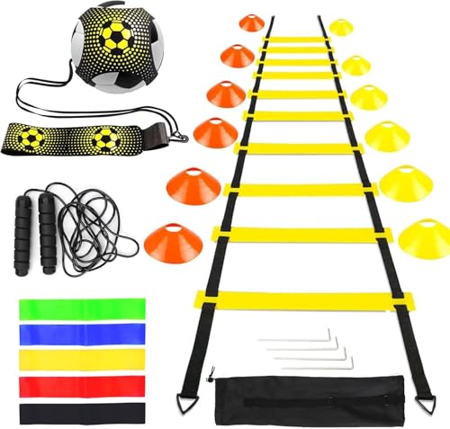LangRay Speed Training Equipment Set, 20ft Agility Ladder, 10 Disc Cones, 5 Resistance Bands, 1 Jump Rope, 1 Football Trainer, Soccer Basketball Fitness Training Gifts for Kids Youth Adults