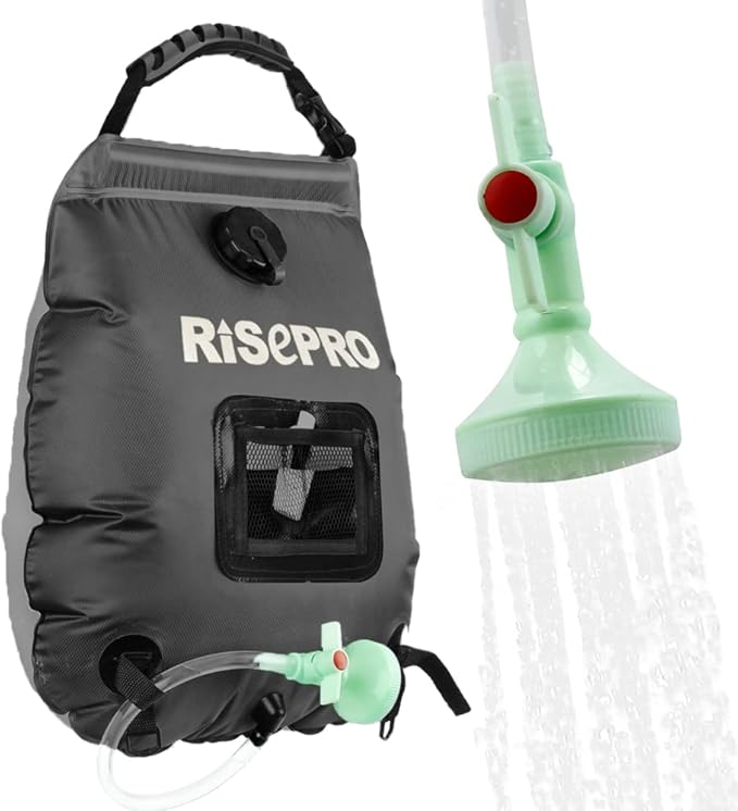 Solar Shower Bag, RISEPRO 5 gallons/20L Solar Heating Premium Camping Shower Bag Hot Water with Temperature 45°C Removable Hose on/Off Switchable Shower Head Hiking Climbing Summer Shower K8