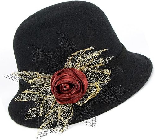 Women's Classic 1920's Wool-Cloche-Hat Vintage Bowler-Hat Cloche-Bucket-Cap with Rose Bow