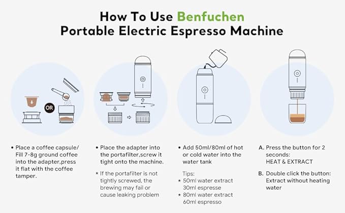 BENFUCHEN Portable Espresso Machine For Travel, USB-C Charging, Self-Heating Electric Espresso Maker, 19 Bar Mini Coffee Maker On the Go For Camping & Hiking For Ground Coffee & NESPRESSOpods, Black