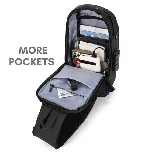 Crossbody Sling Bag for Men and Women – Anti-Theft Waterproof Shoulder Bag with USB Charging Port, Multi-Compartment Travel Daypack for Work, Hiking, and Daily Use, Black