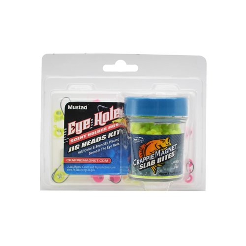 Crappie Magnet Eye Hole Bundle, Includes 12 Hammerhead Scent Holder Jig Heads, 12 Round Scent Holder Jig Head, and 1 Jar Crappie Magnet Slab Bites