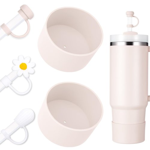 DUNLAGUE Boot and Straw Cover Set - 2pcs Silicone Boot, 3pcs Straw Cap, Bottom Protector for Stanley Cup H2.0 30oz & 40oz, Exact Color Match with Stanley, Accessories Rose Quartz
