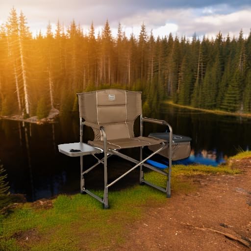 TIMBER RIDGE Lightweight Camping Chair, Portable Laurel Director's Chair with Foldable Side Table, Cooler Bag & Mesh Pocket, Compact Outdoor Folding Lawn Chair, Supports 300lbs, Grey